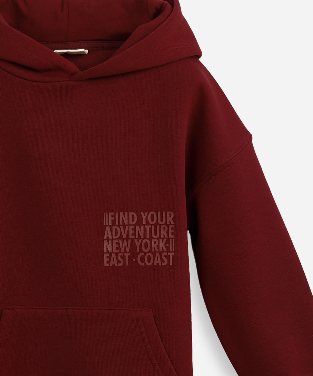 blusão de moletom infantil com capuz e bolso find your adventure vinho