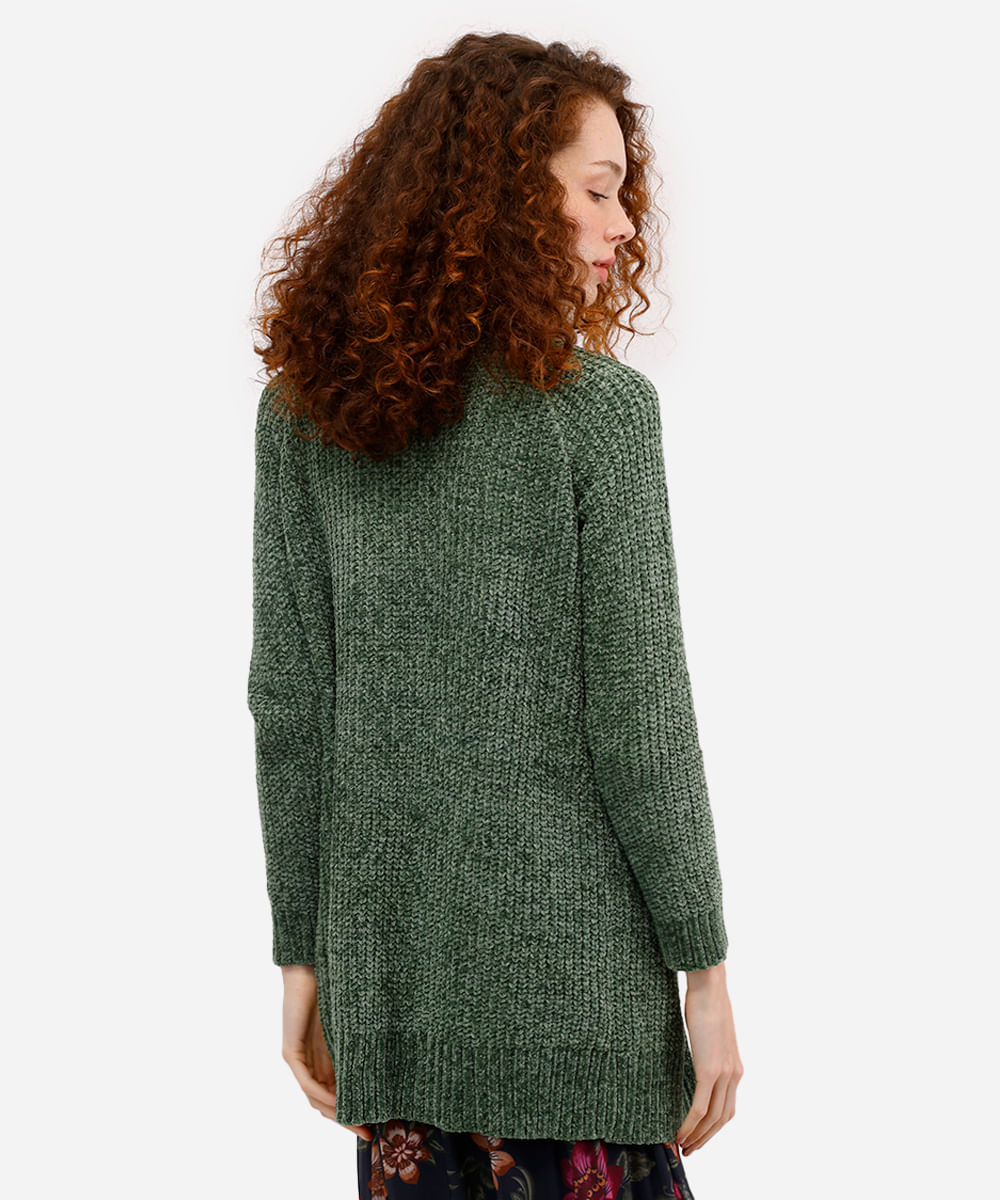 cardigan feminino de tricot chenille alongado - verde