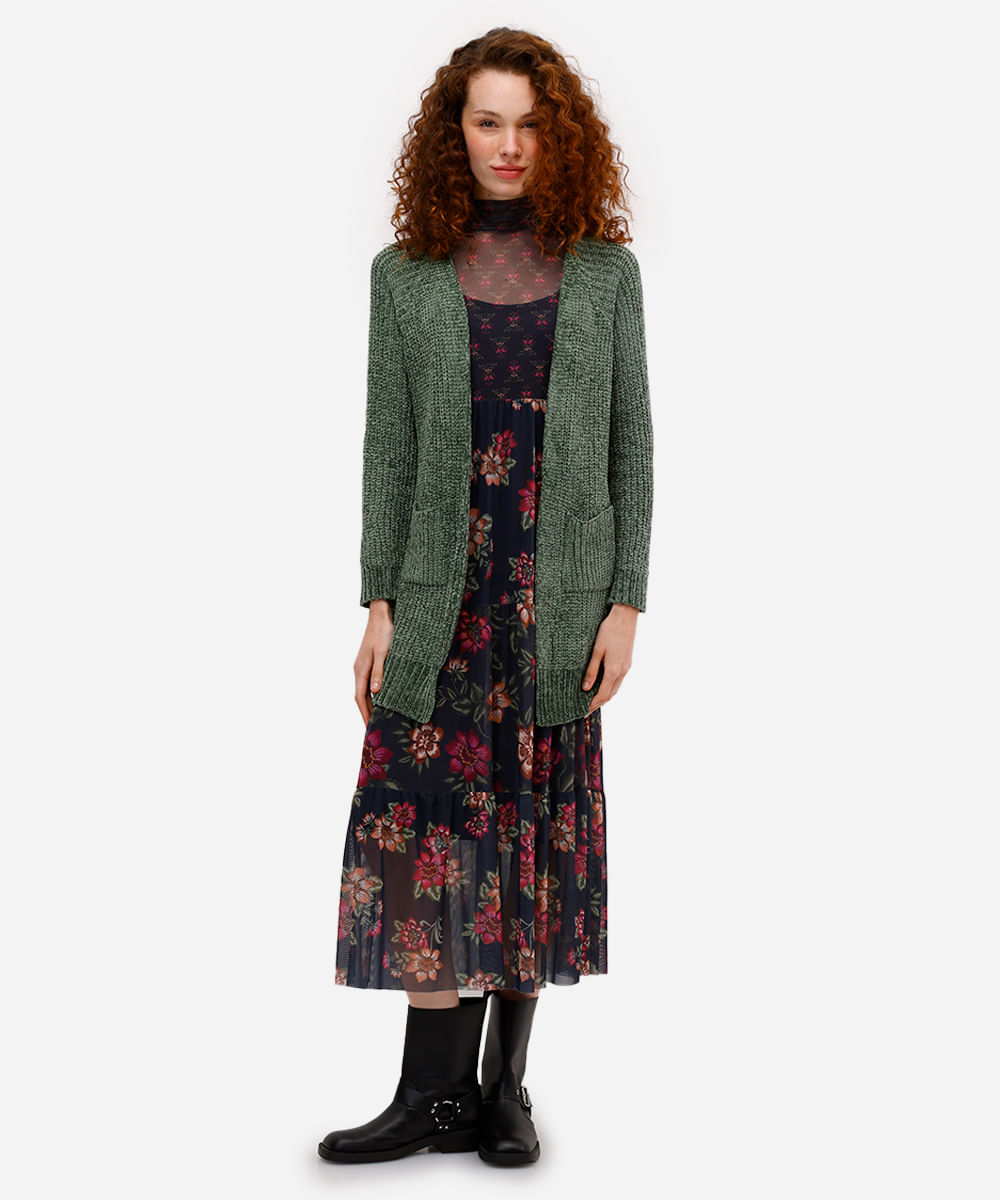 cardigan feminino de tricot chenille alongado - verde