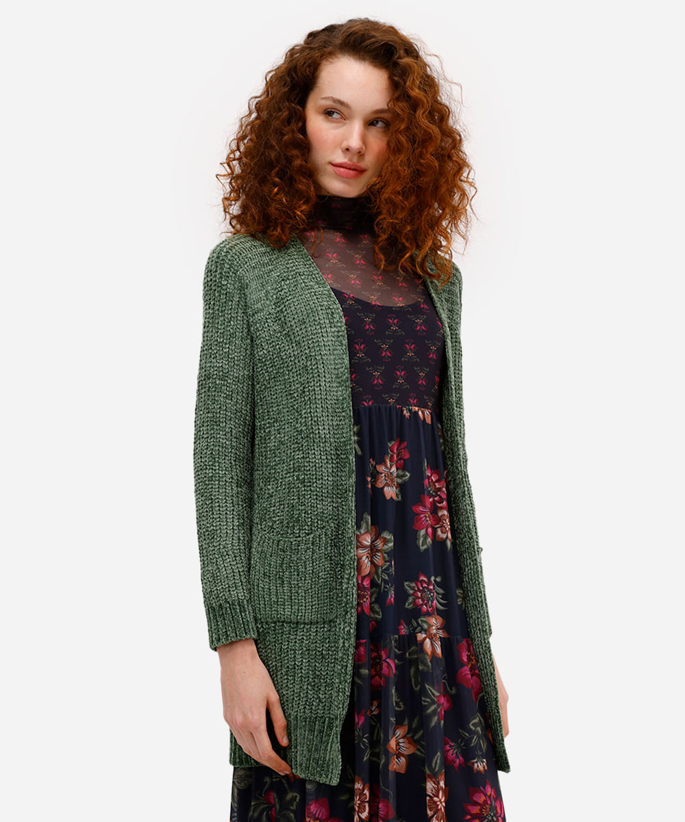 cardigan feminino de tricot chenille alongado - verde