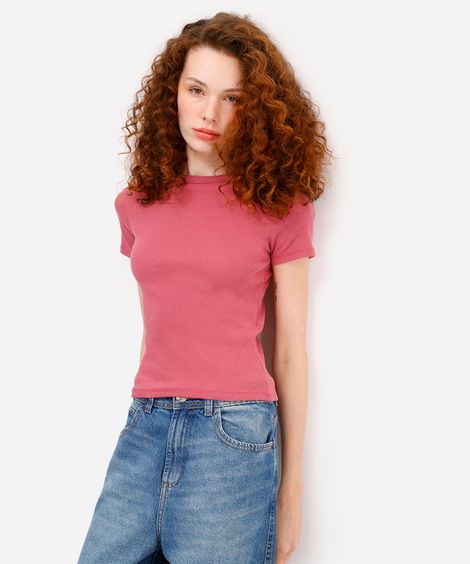 blusa de algodão canelada manga curta rosa