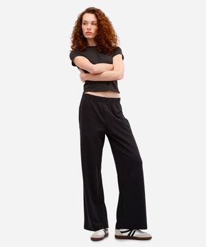 calça reta básica feminina de moletom cós elástico preta