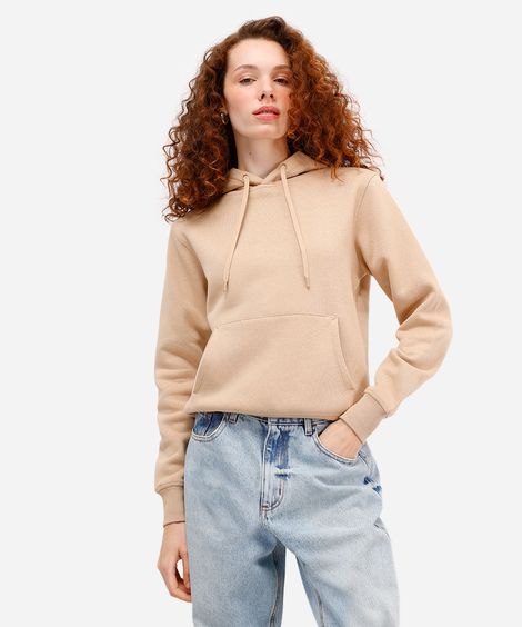 blusão básico feminino de moletom com capuz bege