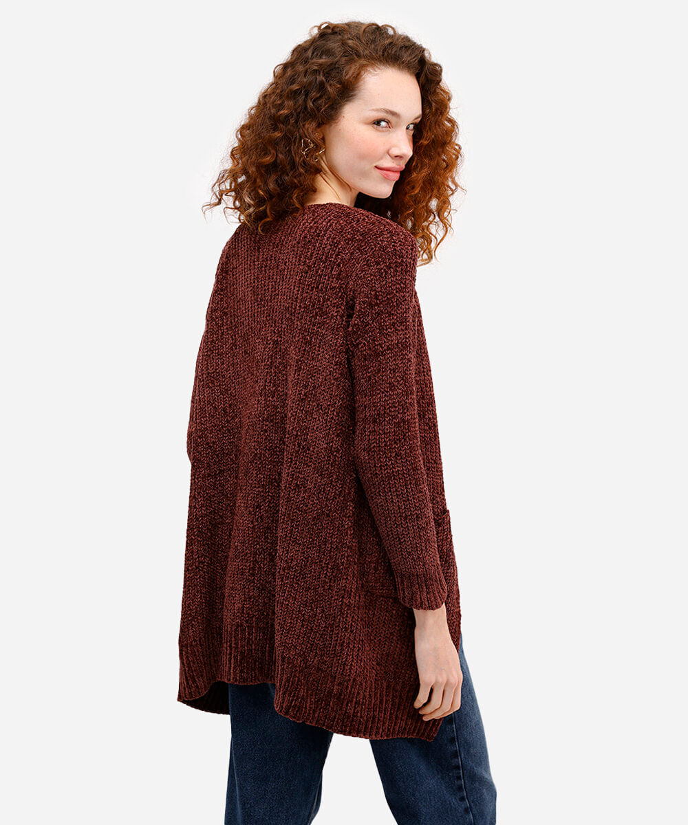 cardigan feminino de tricot chenille alongado - marrom