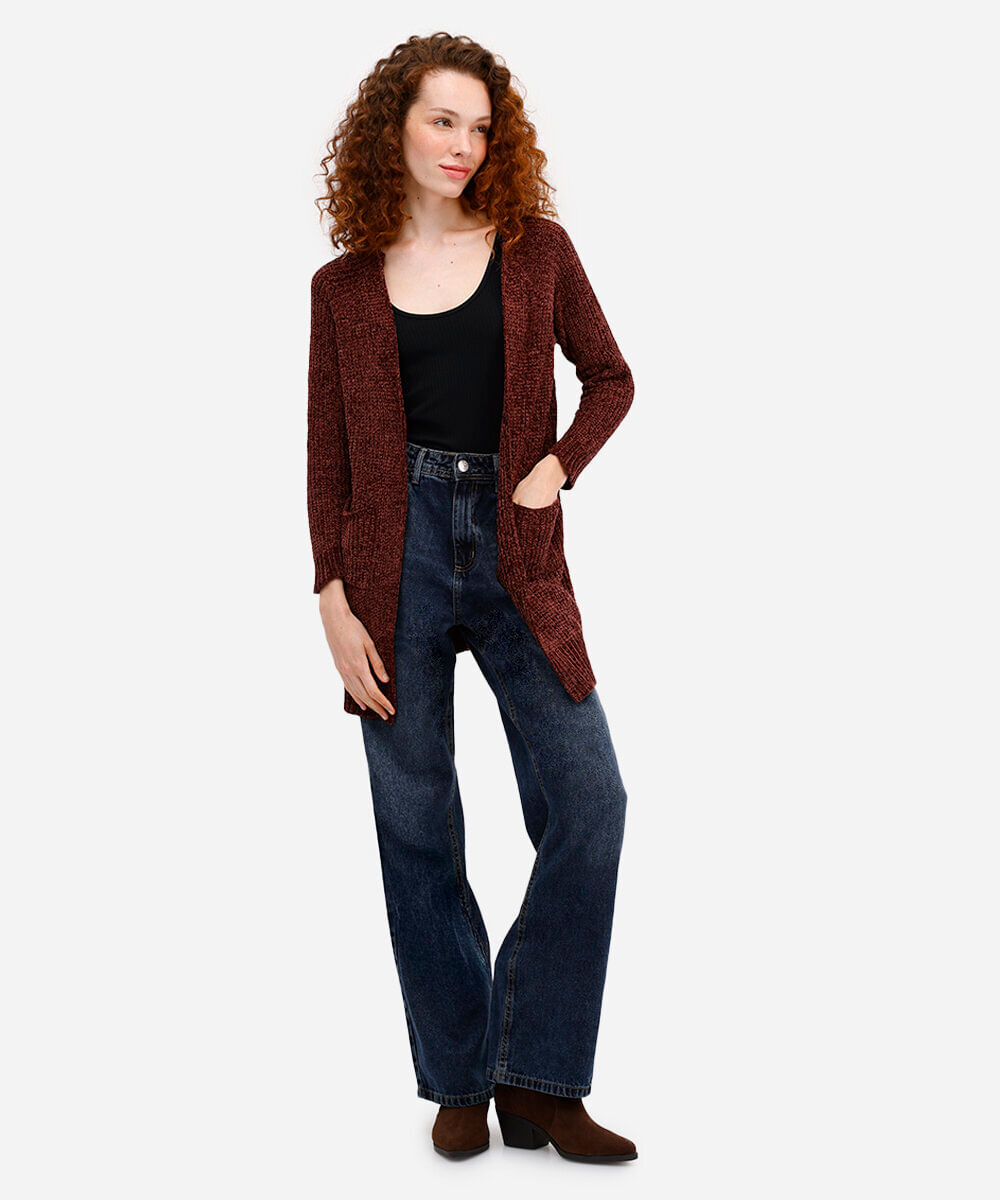 cardigan feminino de tricot chenille alongado - marrom