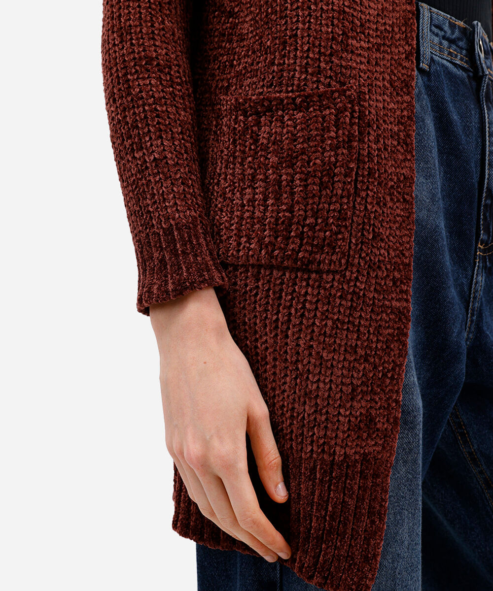 cardigan feminino de tricot chenille alongado - marrom