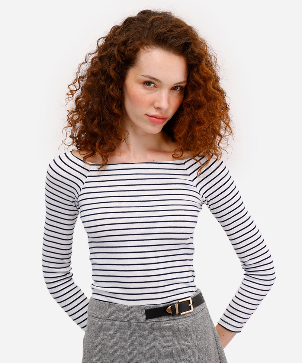 blusa ombro a ombro feminina canelada listrada off white