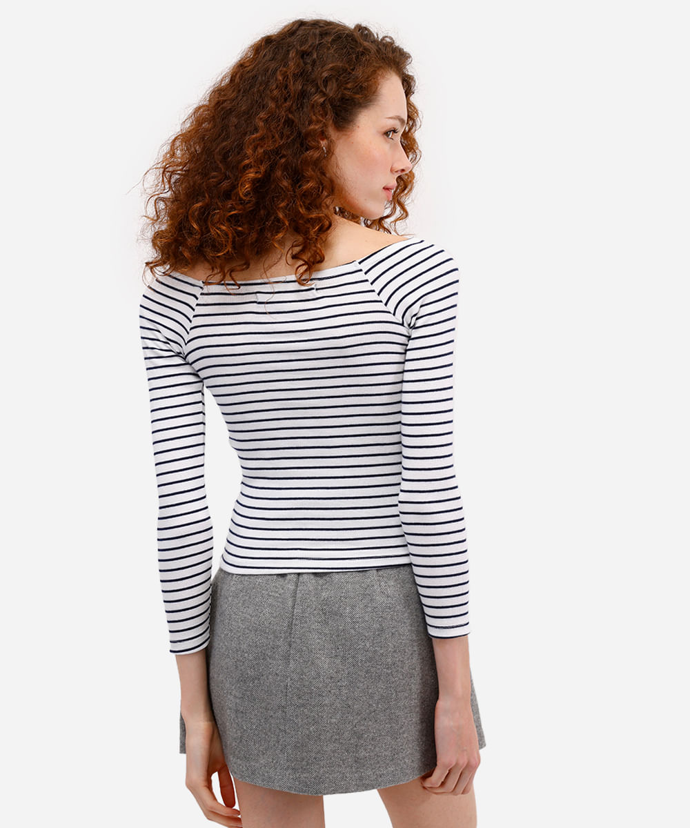 blusa ombro a ombro feminina canelada listrada off white