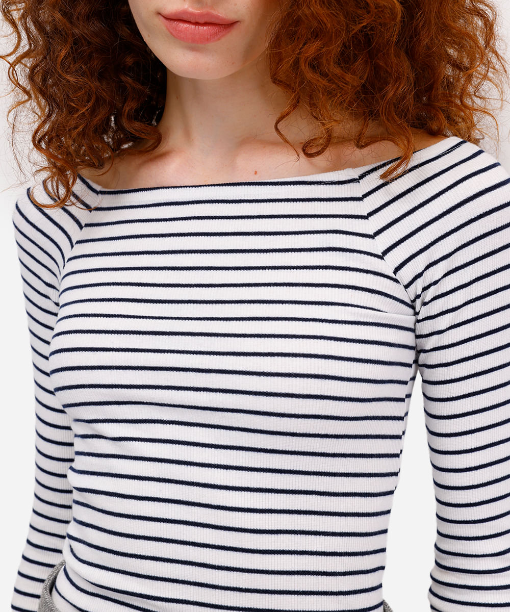 blusa ombro a ombro feminina canelada listrada off white