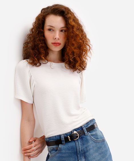 blusa feminina manga curta texturizada com botões off white