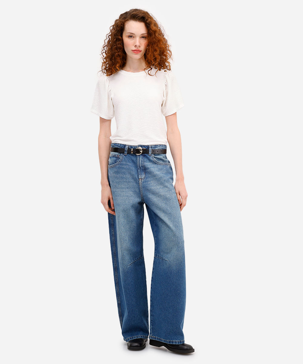 blusa feminina manga curta texturizada com botões off white