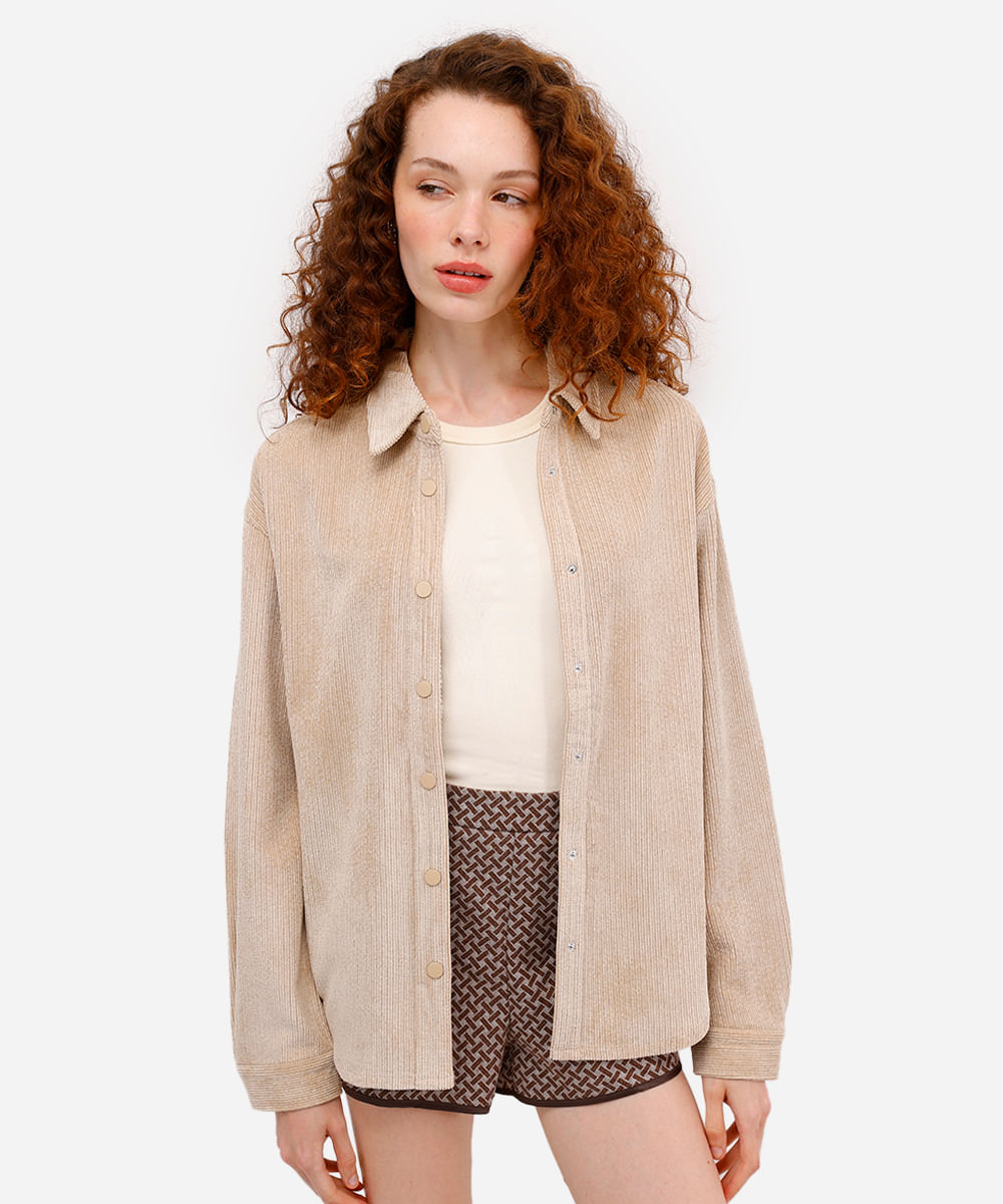 camisa feminina de veludo texturizada bege