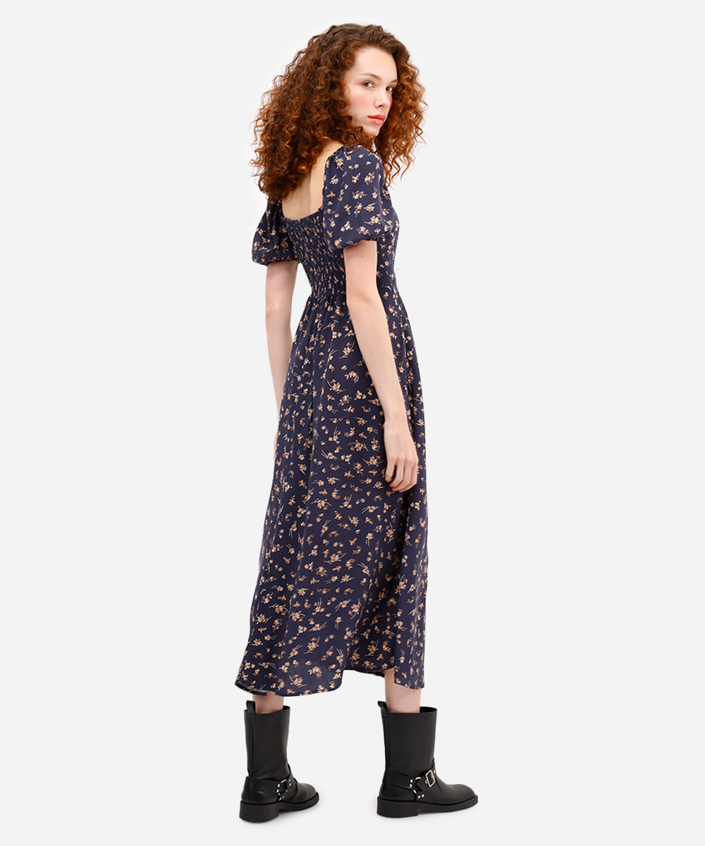 vestido midi feminino de viscose manga bufante floral azul