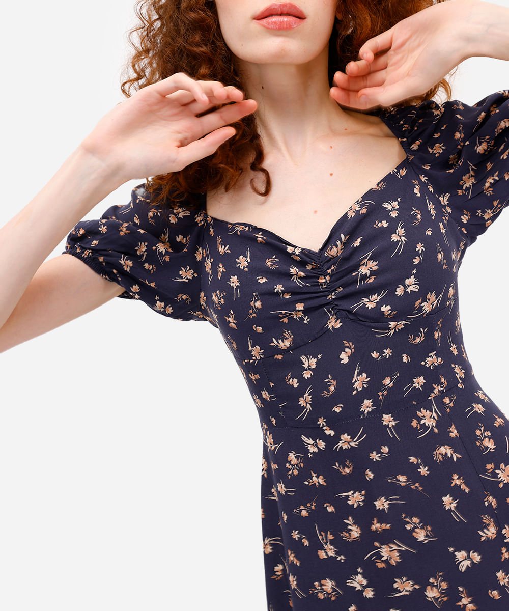 vestido midi feminino de viscose manga bufante floral azul
