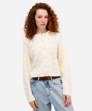 cardigan feminino de tricot texturizado com pérolas off white