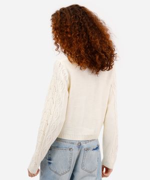 cardigan feminino de tricot texturizado com pérolas off white