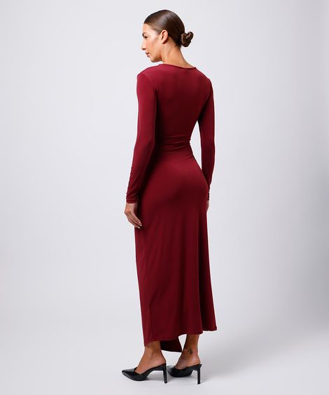 vestido midi feminino manga longa com fenda vinho