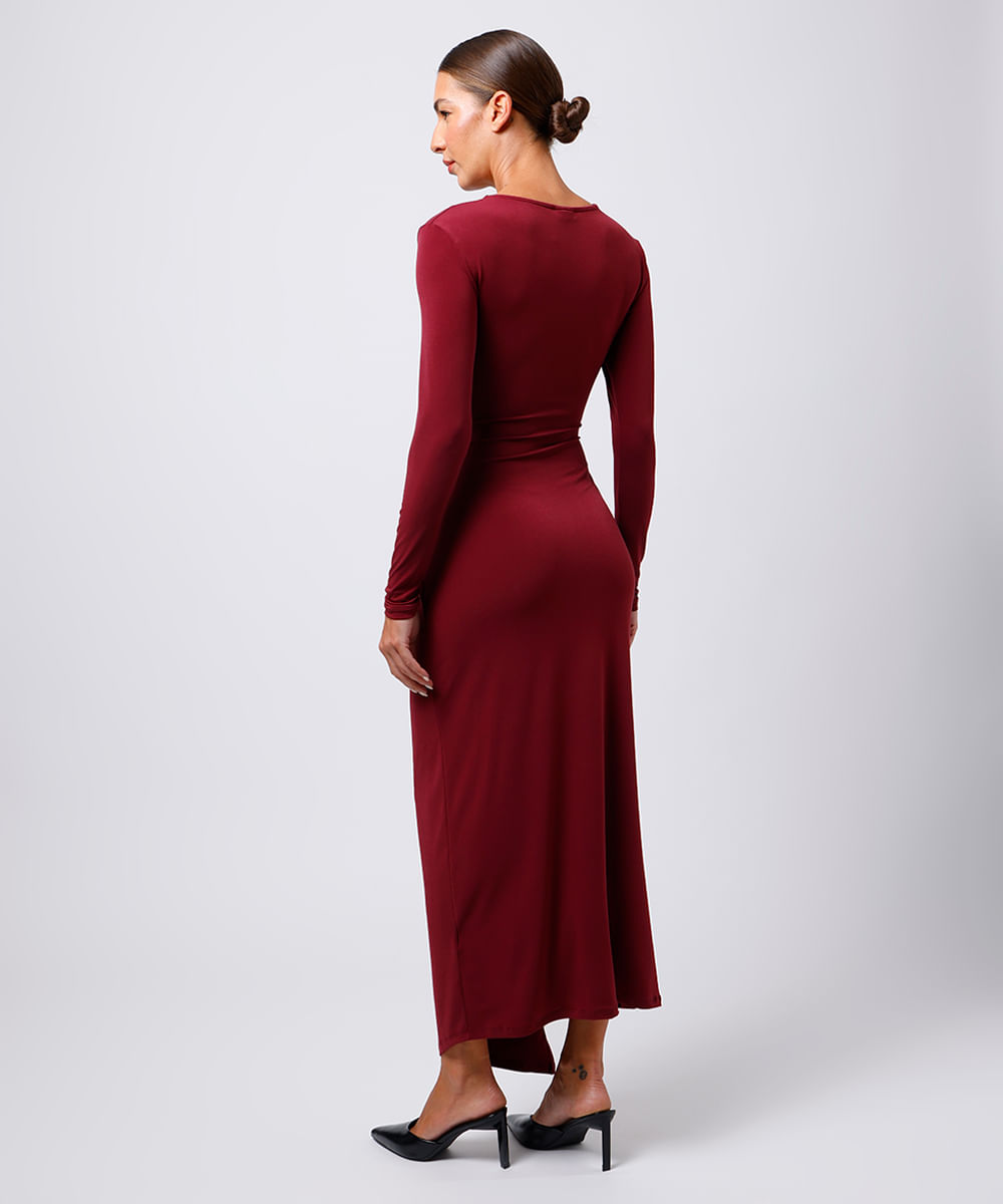 vestido midi feminino manga longa com fenda vinho