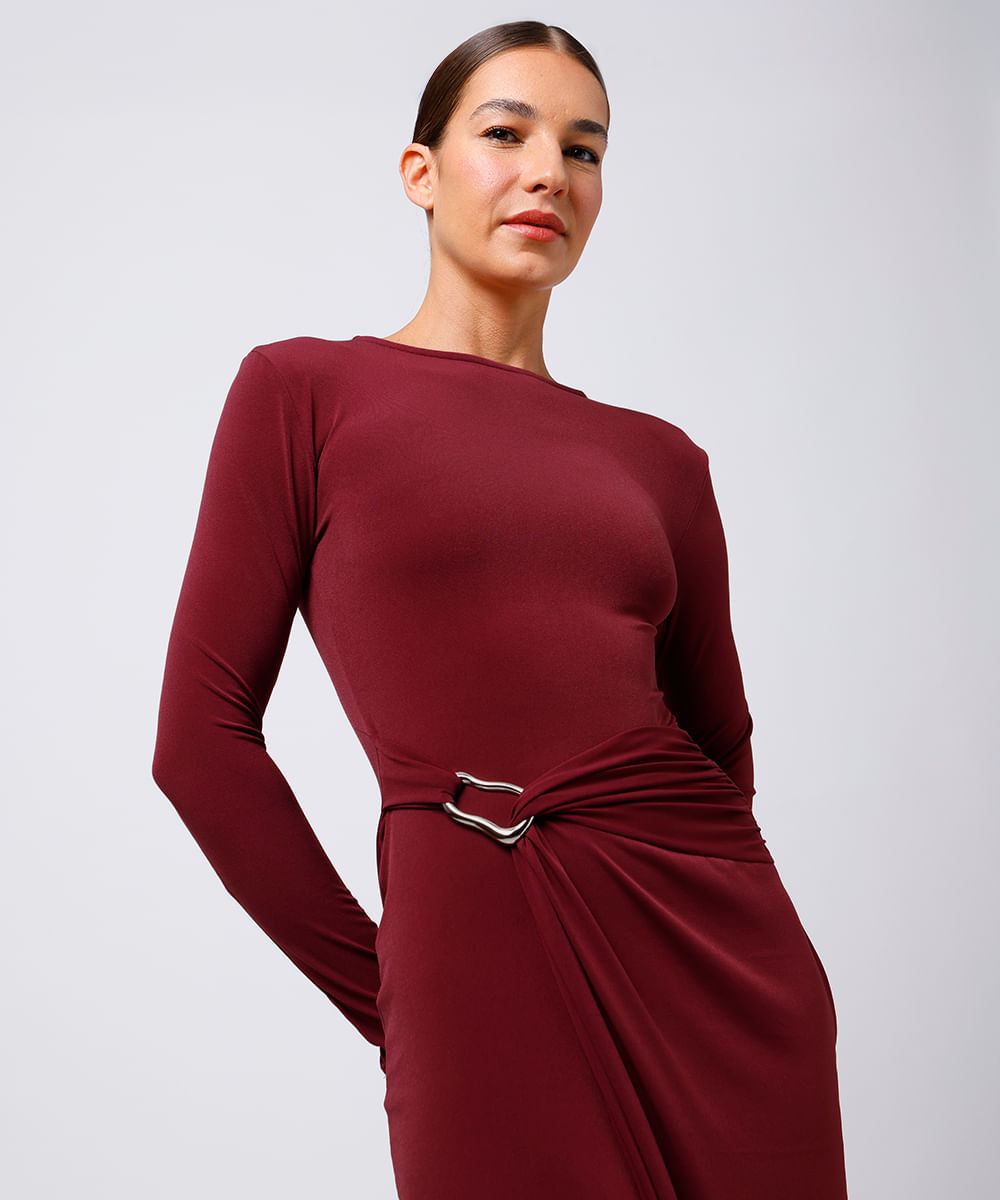vestido midi feminino manga longa com fenda vinho