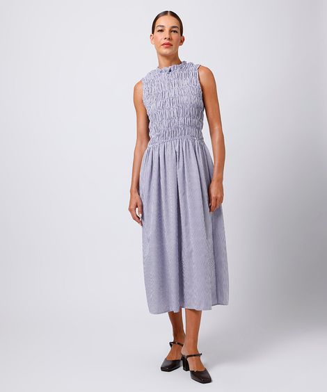 vestido midi franzido listrado mindset azul