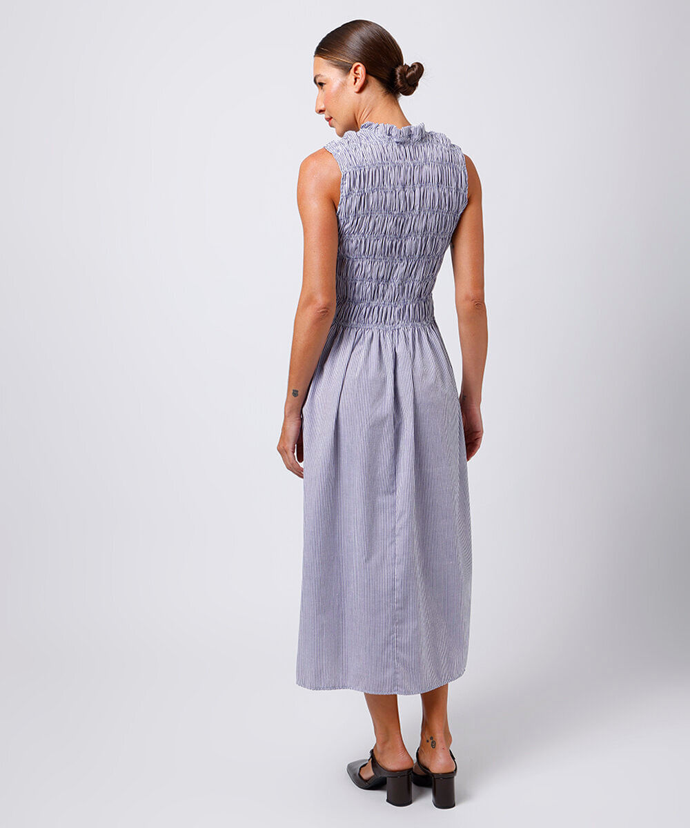 vestido midi franzido listrado mindset azul
