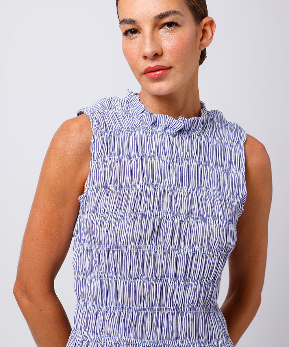 vestido midi franzido listrado mindset azul
