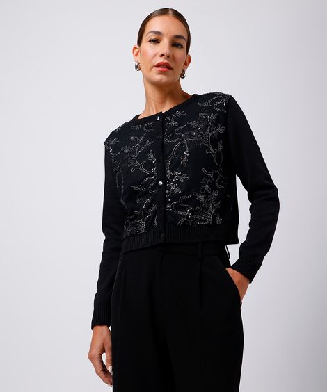 cardigan feminino de tricot com tule e paetê mindset preto