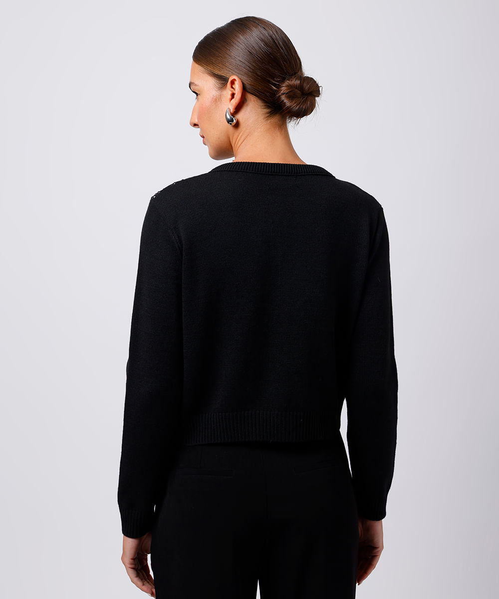 cardigan feminino de tricot com tule e paetê mindset preto