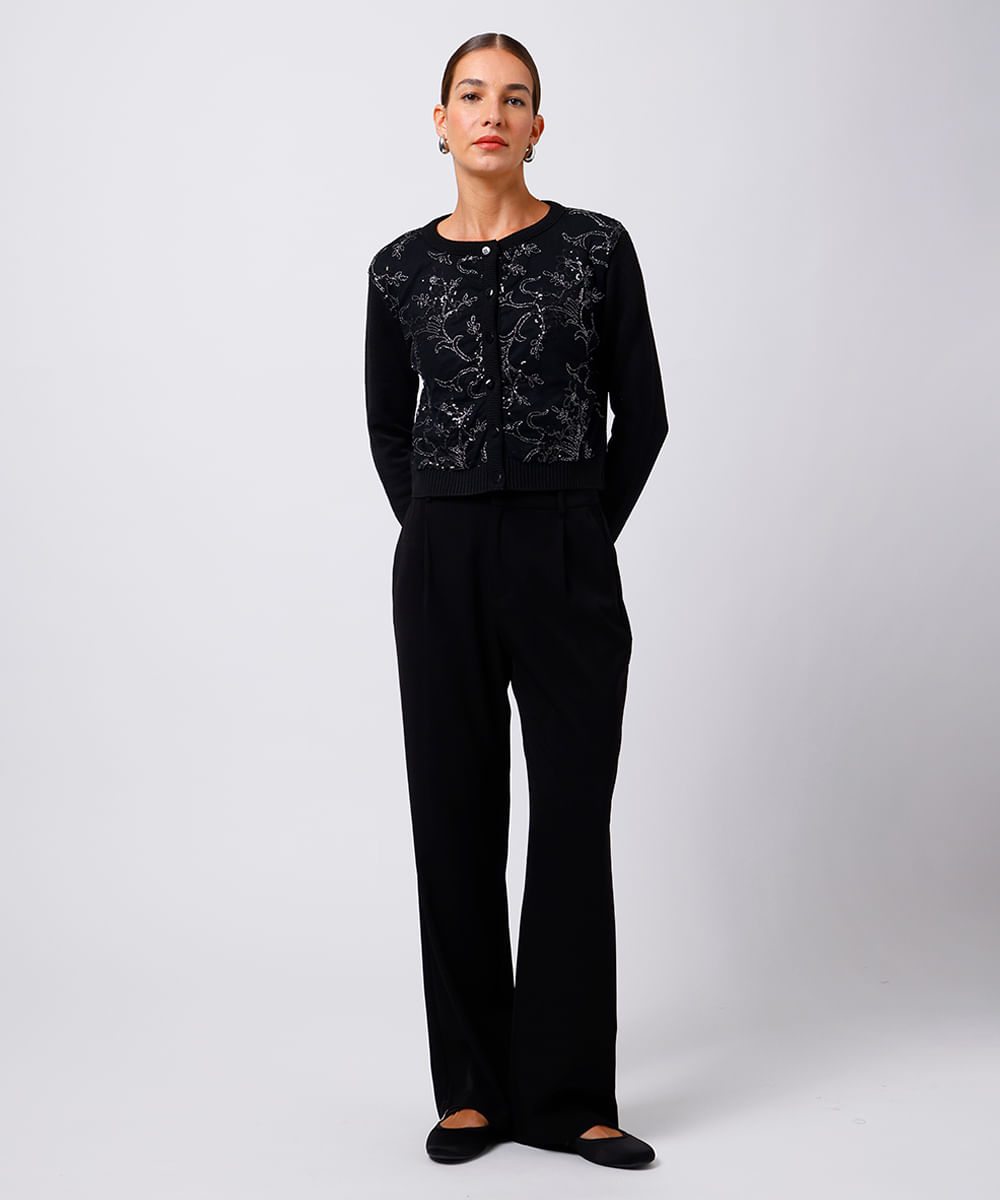 cardigan feminino de tricot com tule e paetê mindset preto