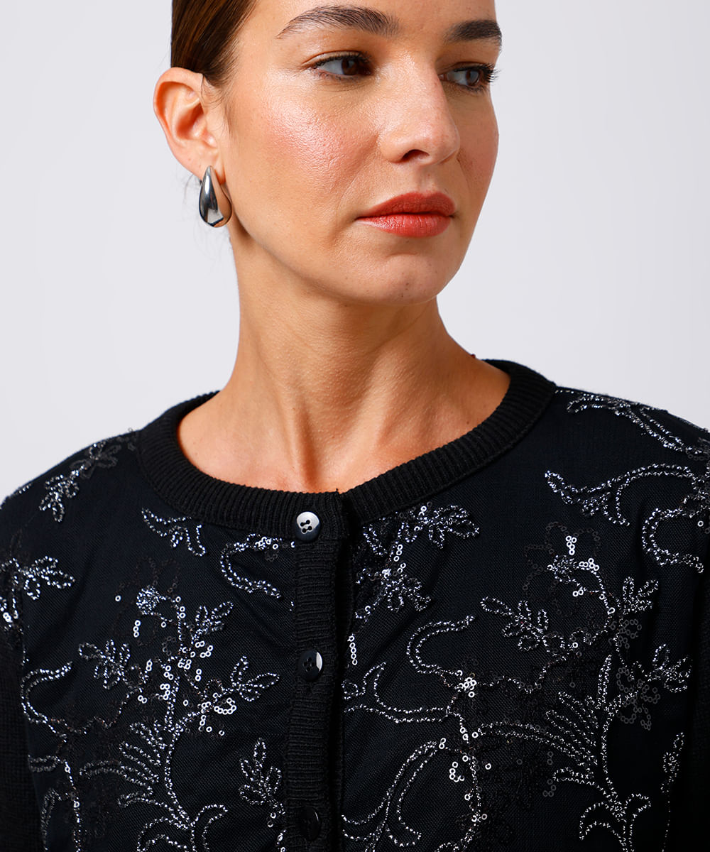 cardigan feminino de tricot com tule e paetê mindset preto