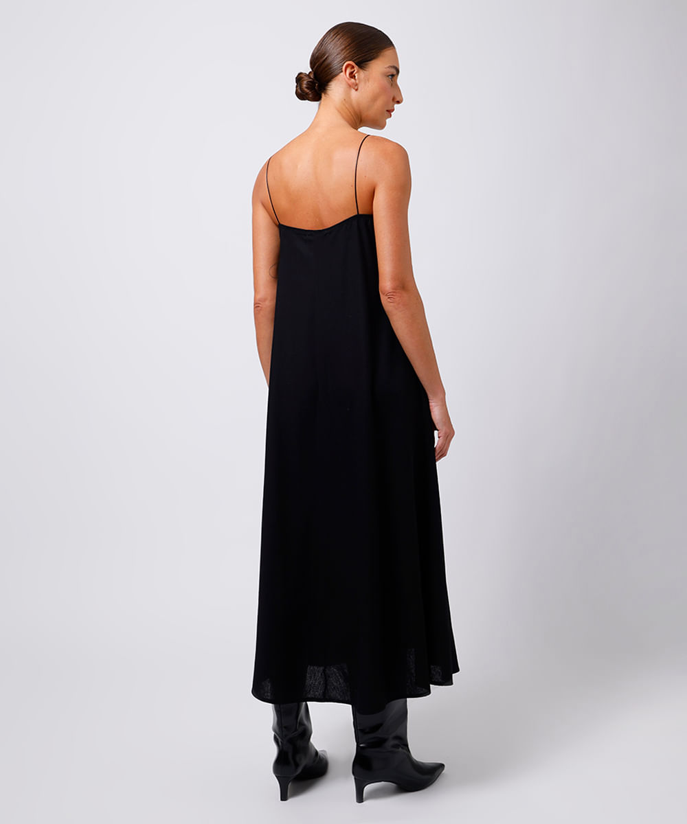 vestido midi slip dress com linho e renda mindset preto