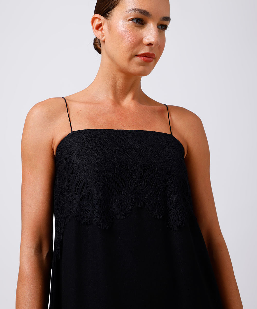 vestido midi slip dress com linho e renda mindset preto