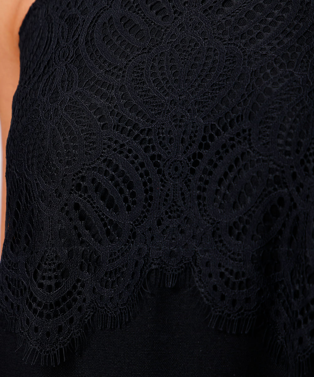 vestido midi slip dress com linho e renda mindset preto