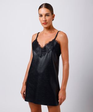 vestido curto feminino de poliuretano com renda mindset preto