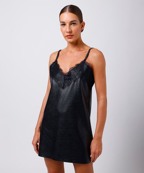 vestido curto feminino de poliuretano com renda mindset preto