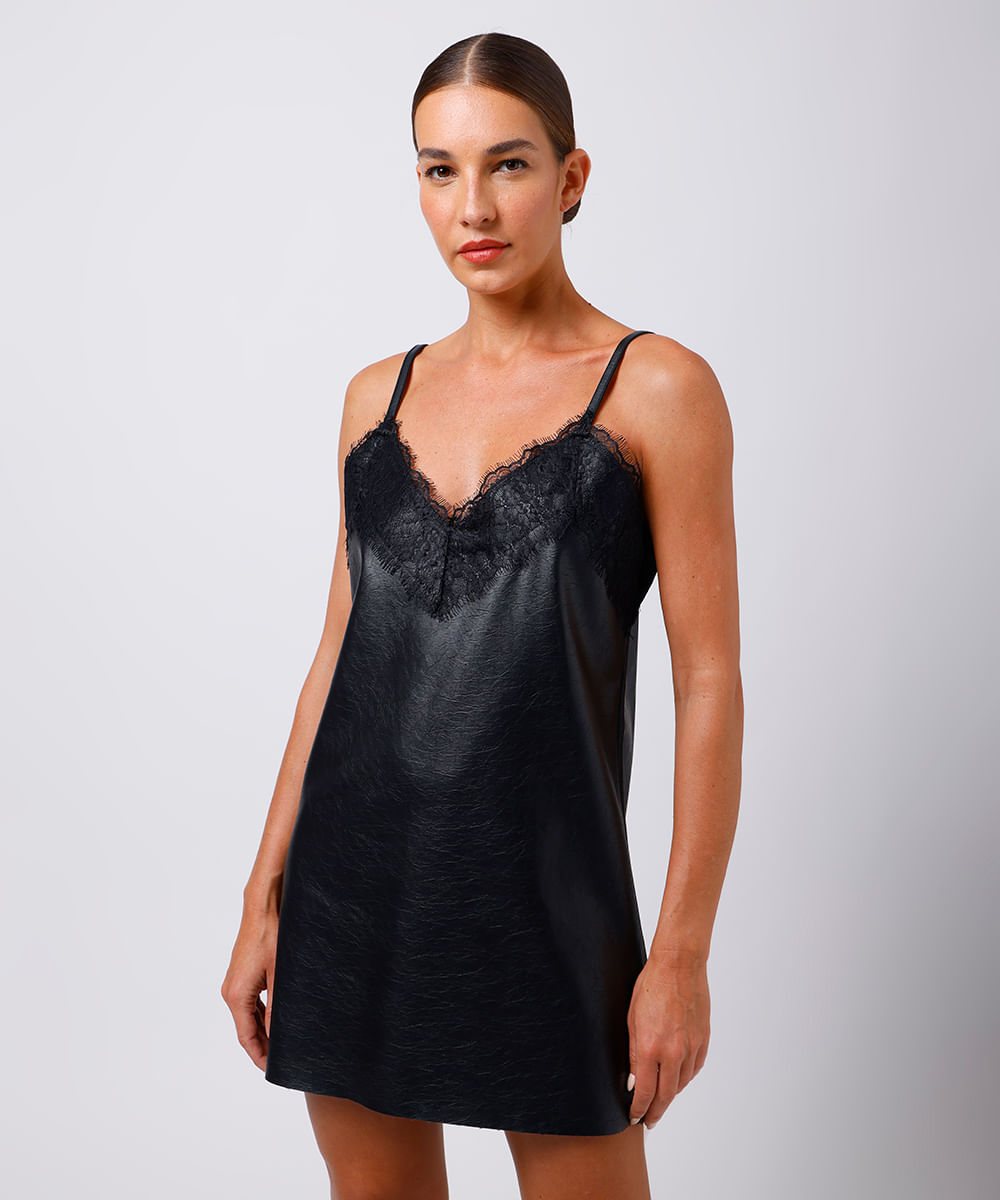 vestido curto feminino de poliuretano com renda mindset preto