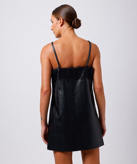 vestido curto feminino de poliuretano com renda mindset preto