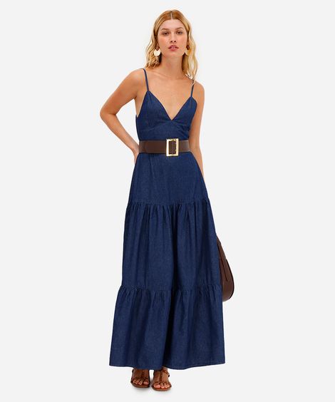 vestido midi feminino jeans com recortes azul