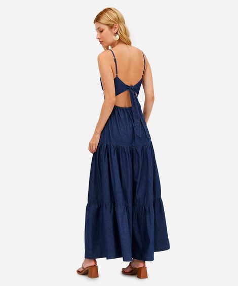 vestido midi feminino jeans com recortes azul