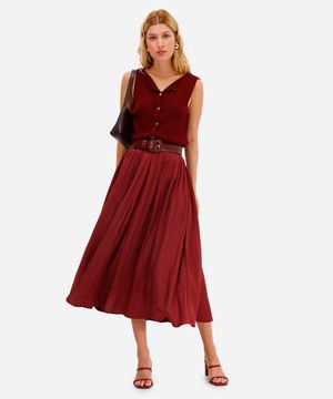 saia midi feminina acetinada texturizada cós elástico vinho