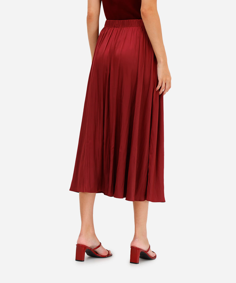 saia midi feminina acetinada texturizada cós elástico vinho
