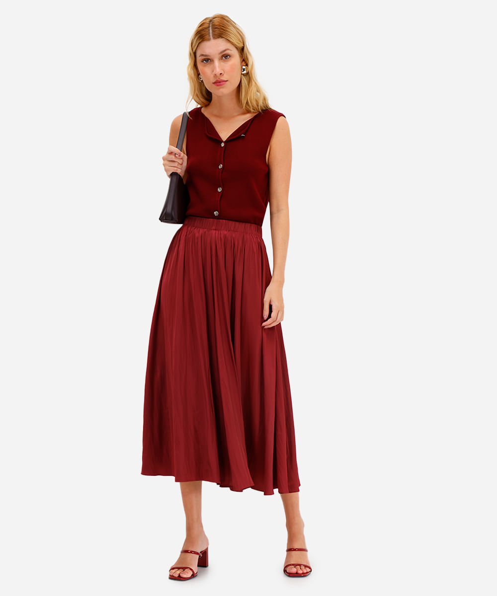 saia midi feminina acetinada texturizada cós elástico vinho