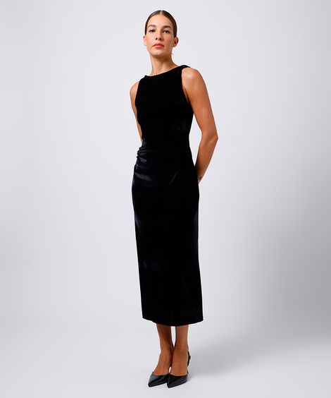 vestido midi feminino de veludo franzido mindset preto