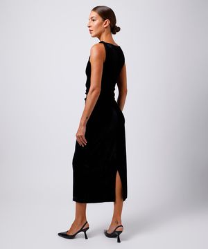 vestido midi feminino de veludo franzido mindset preto