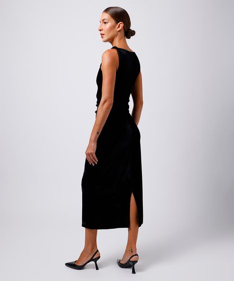 vestido midi feminino de veludo franzido mindset preto