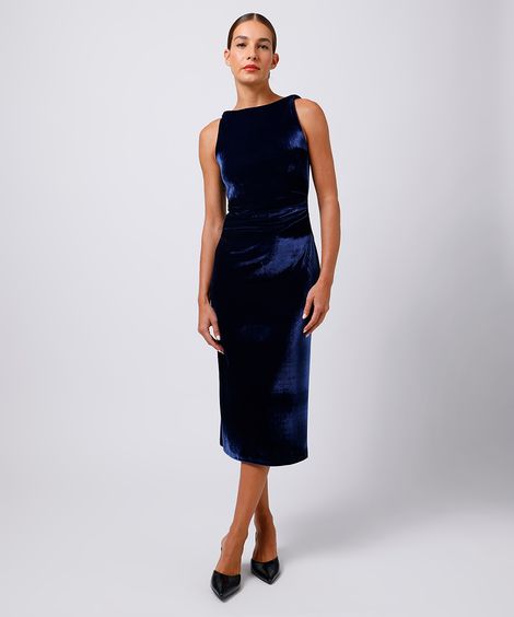 vestido midi feminino de veludo franzido mindset azul