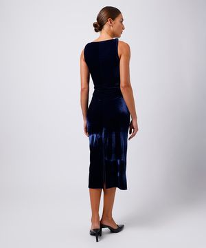 vestido midi feminino de veludo franzido mindset azul