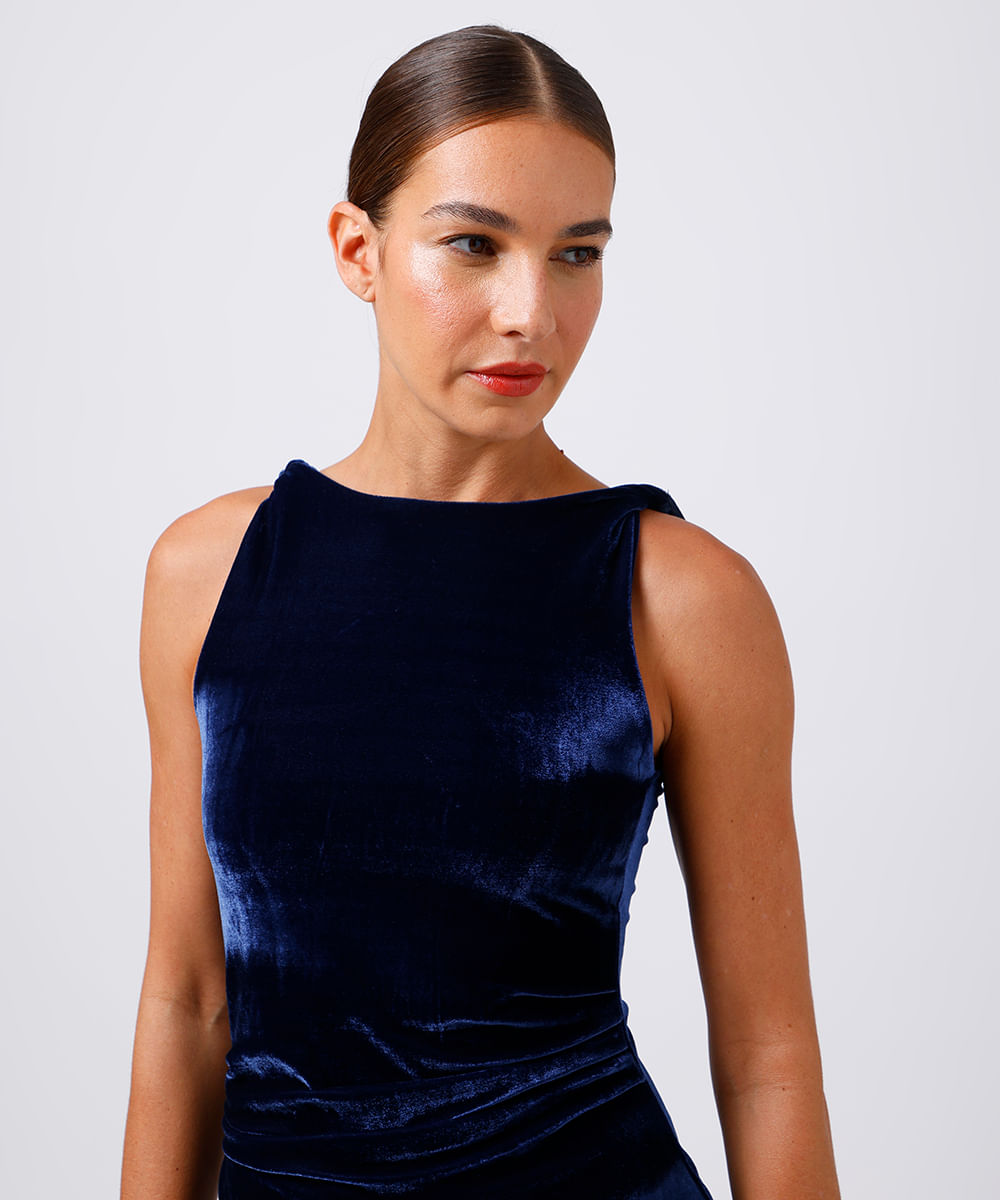 vestido midi feminino de veludo franzido mindset azul