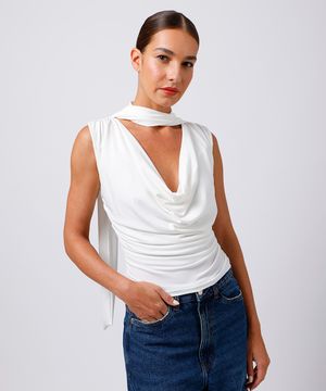 blusa feminina drapeada com gola echarpe mindset branca