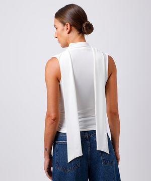 blusa feminina drapeada com gola echarpe mindset branca